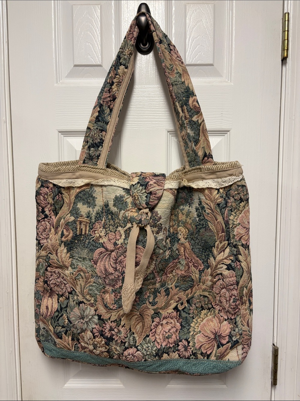 Large Vintage Floral Tapestry Tote in Pink and Green